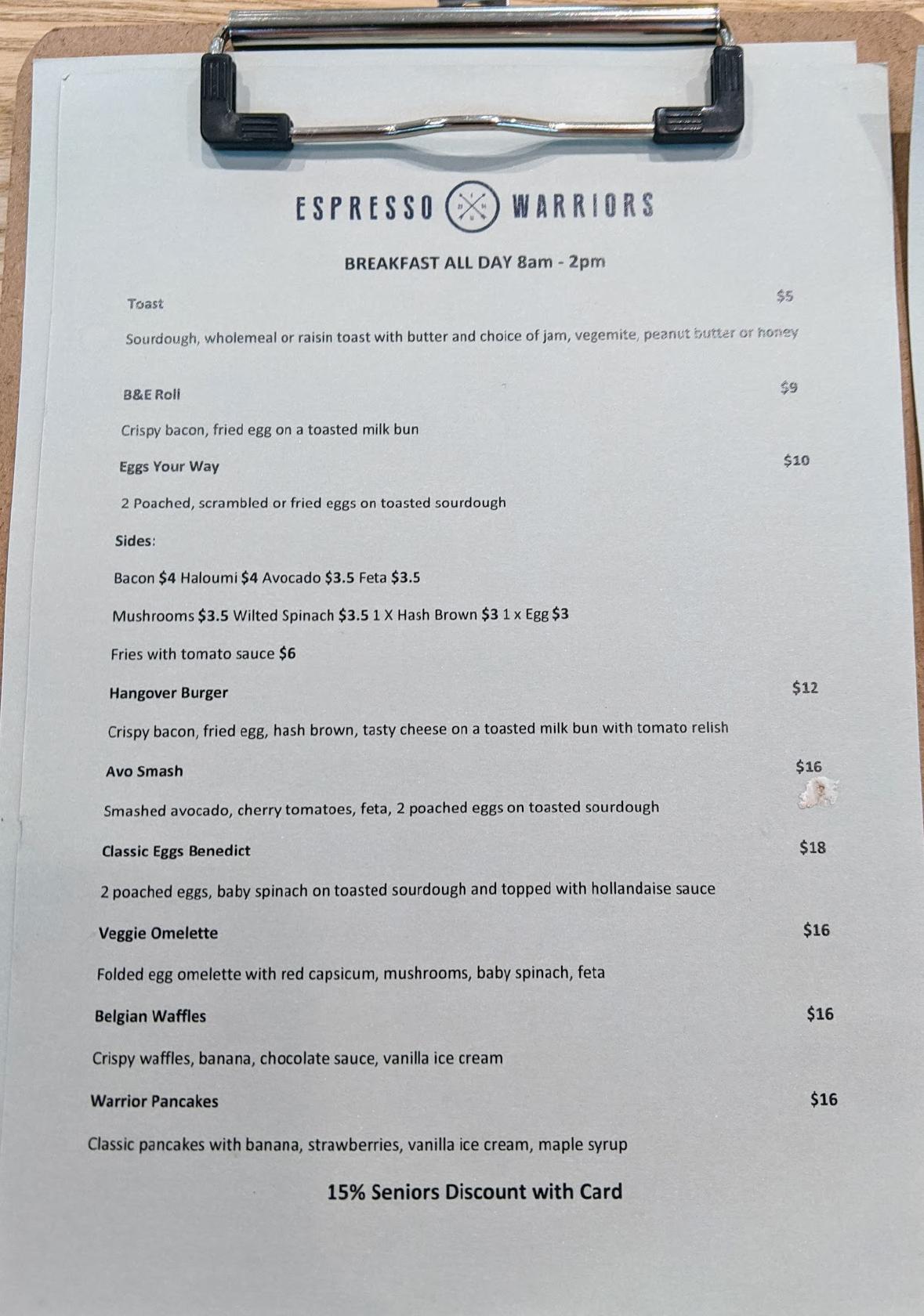 Menu at Espresso Warriors cafe, Mount Hutton