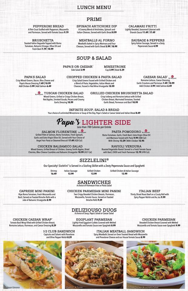Menu at Papa Vino's Italian Kitchen restaurant, Saint Joseph