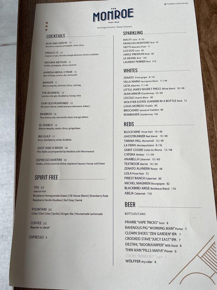 Menu at The Monroe pub & bar, Orlando