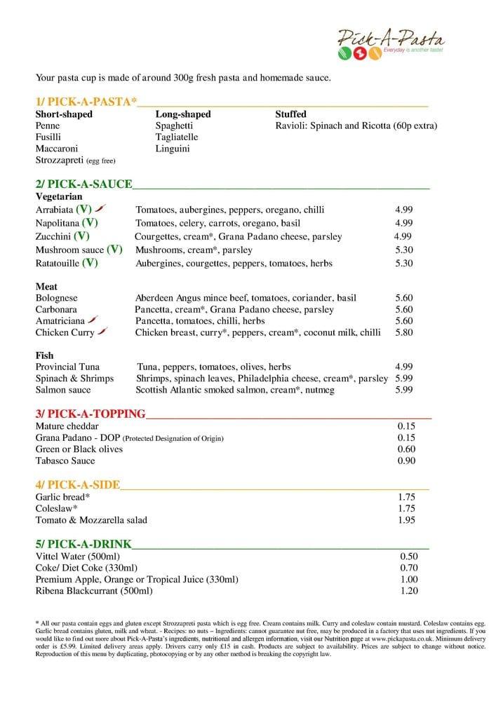 Menu at PickAPasta pizzeria, London