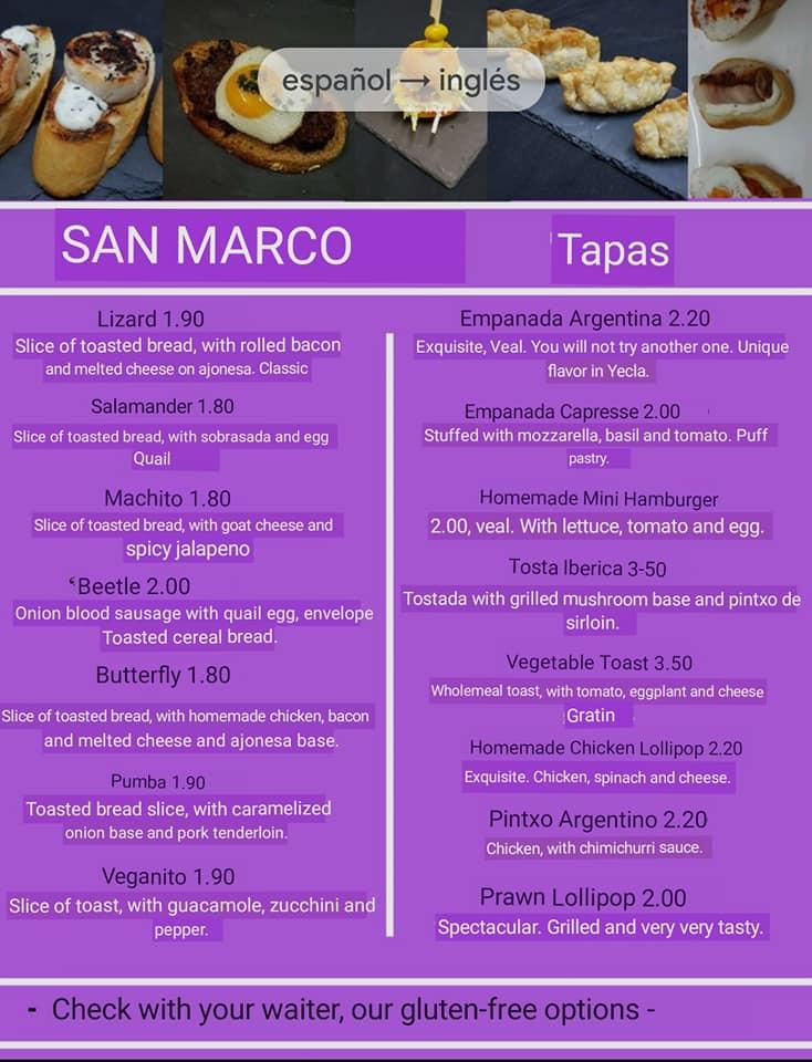 Menu at Restaurante San Marco, Yecla DO