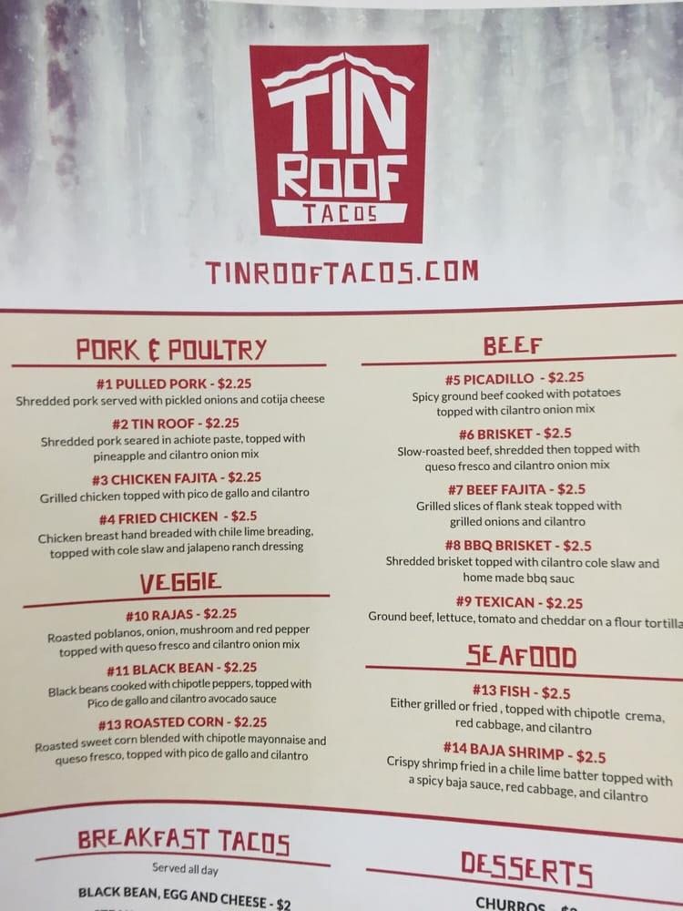 Menu at Tin Roof Tacos restaurant, Boise, 115 S Broadway Ave