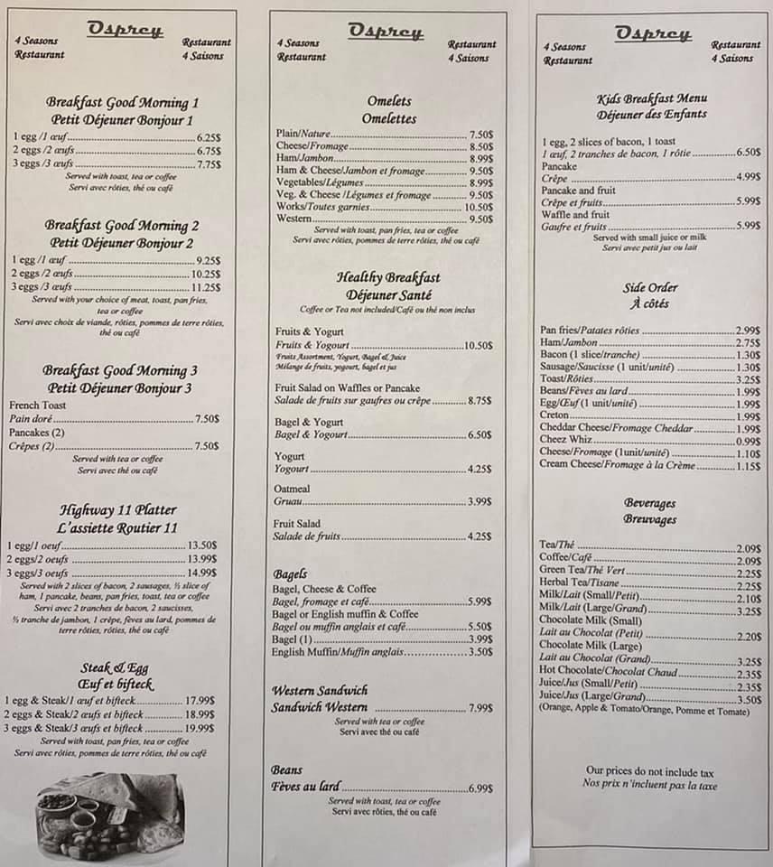 Menu at Osprey 4 Saisons restaurant, Dalhousie