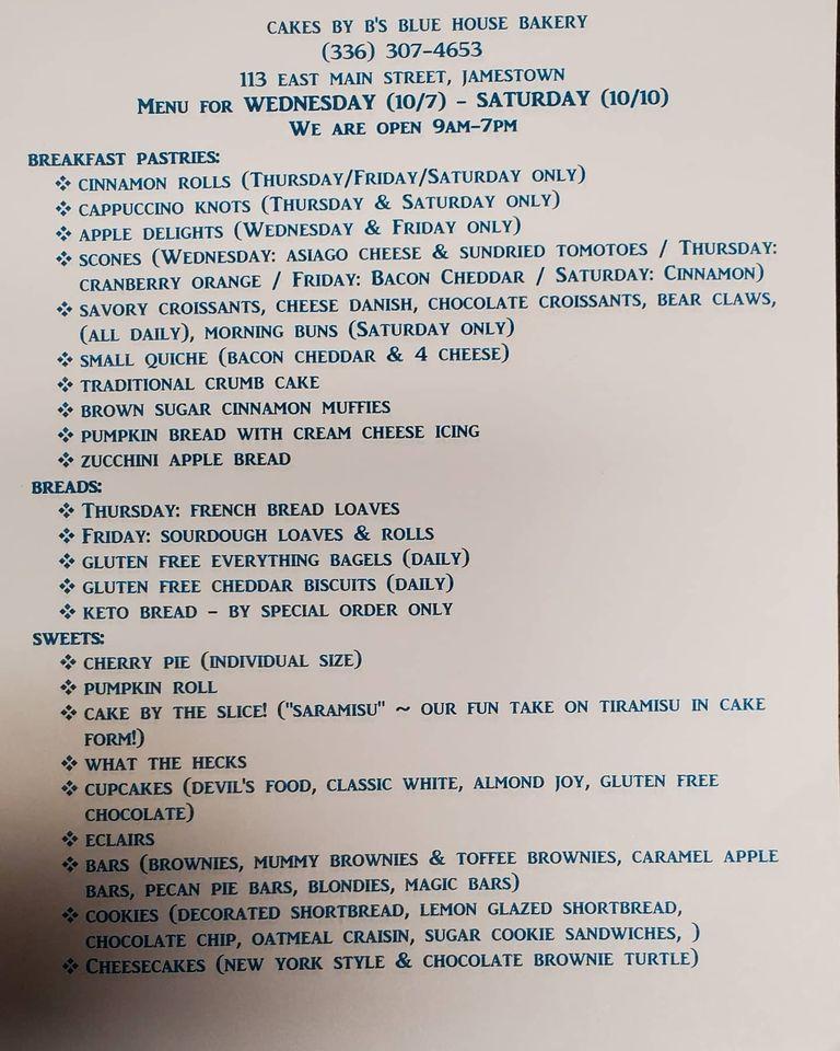Menu at Cakes by B's Blue House Bakery, Jamestown
