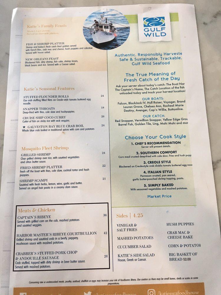 Menu at Katie's Seafood House restaurant, Galveston