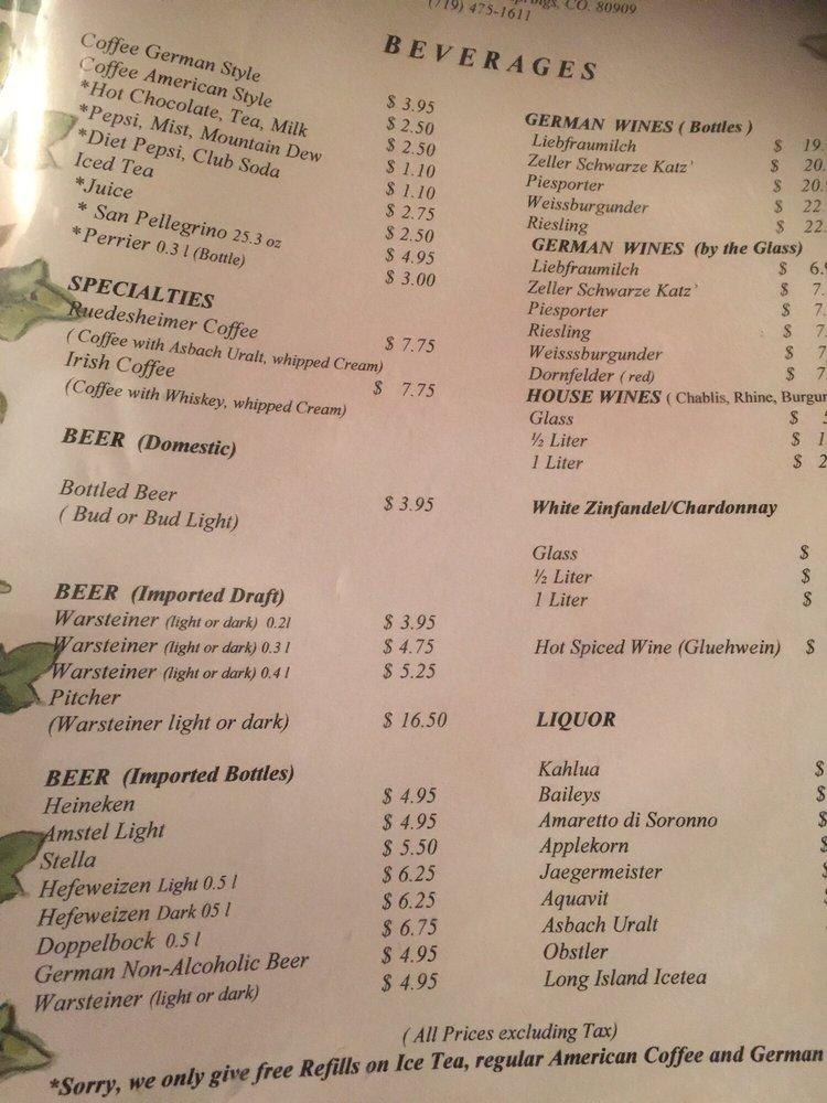 Menu at Uwe's German Restaurant, Colorado Springs