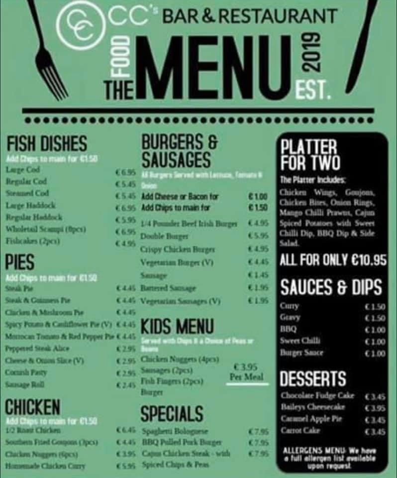 Menu at CC's Bar, Dehesa de Campoamor
