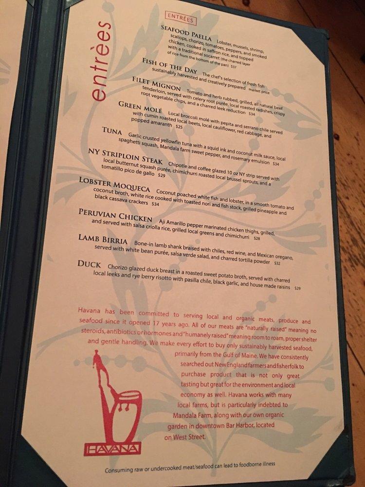 Menu at Havana restaurant, Bar Harbor