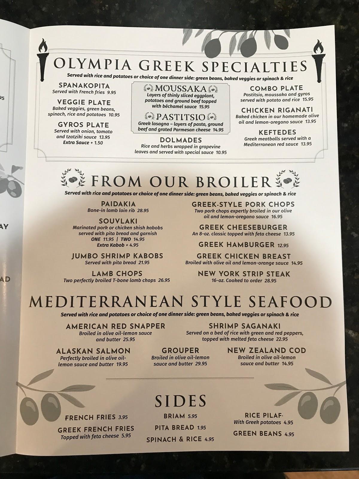 Menu at Olympia Greek Cuisine restaurant, Indianapolis