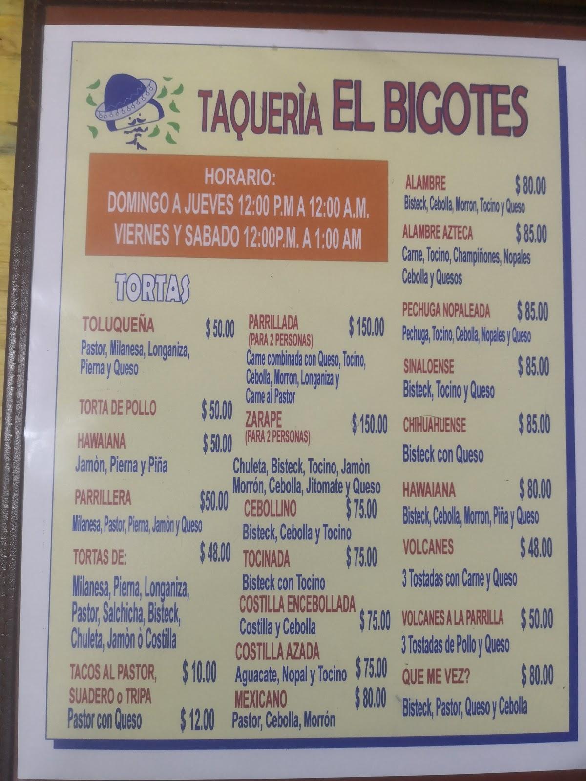 Carta del restaurante Taquería El Bigotes, Ciudad del México