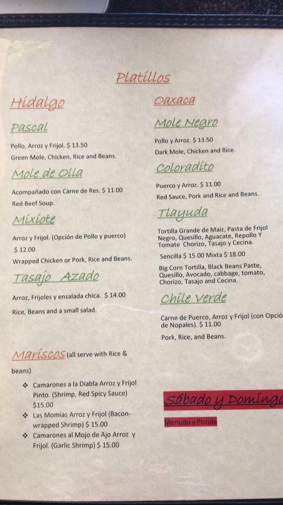 Menu at Culturas Hidalgo & Oaxaca Restaurant, Salinas