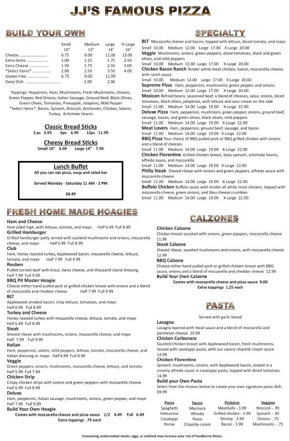Menu at JJ's Steak & Pizza House steakhouse, Alpena