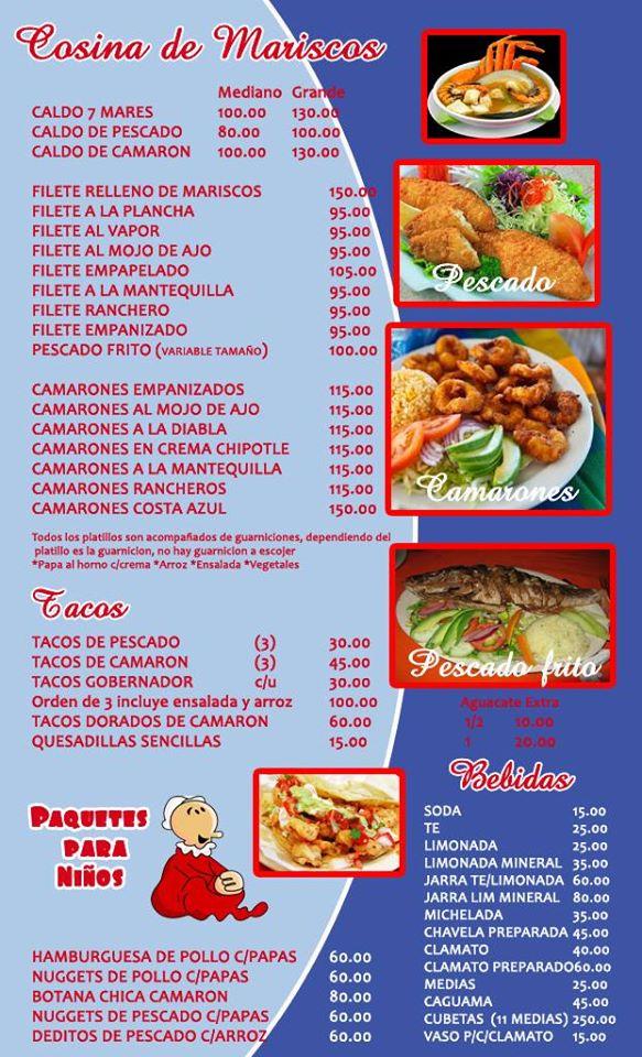 Menu at Mariscos Popeye restaurant, Mexicali