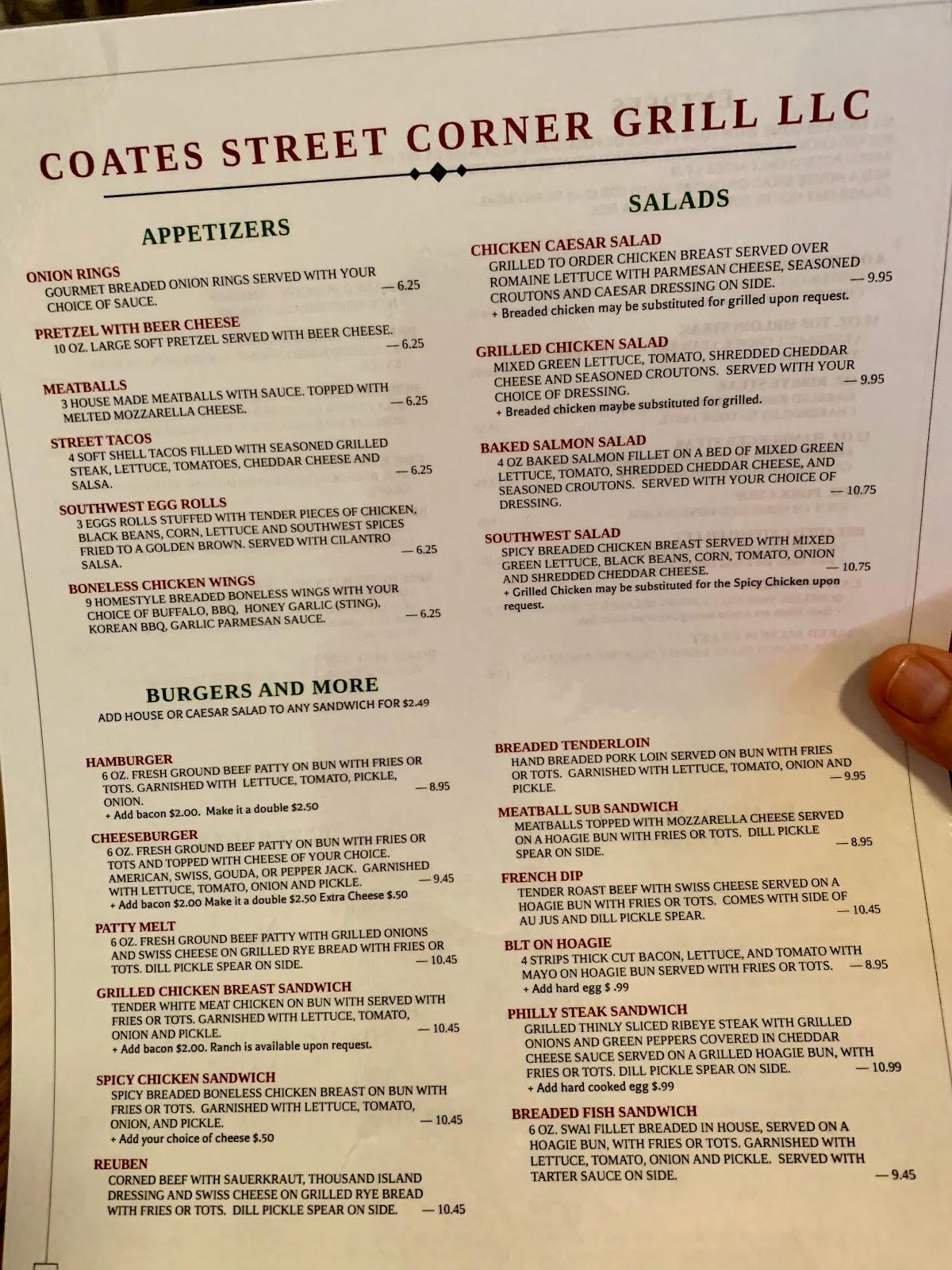 Menu at Coates Street Corner Grill LLC pub & bar, Moberly