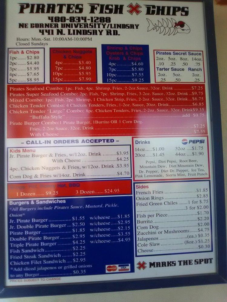 Menu at Pirates Fish & Chips restaurant, Mesa, 441 N Lindsay Rd