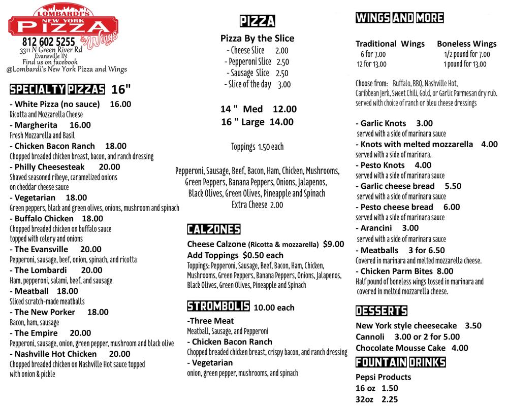 lombardi's new york pizza and wings menu