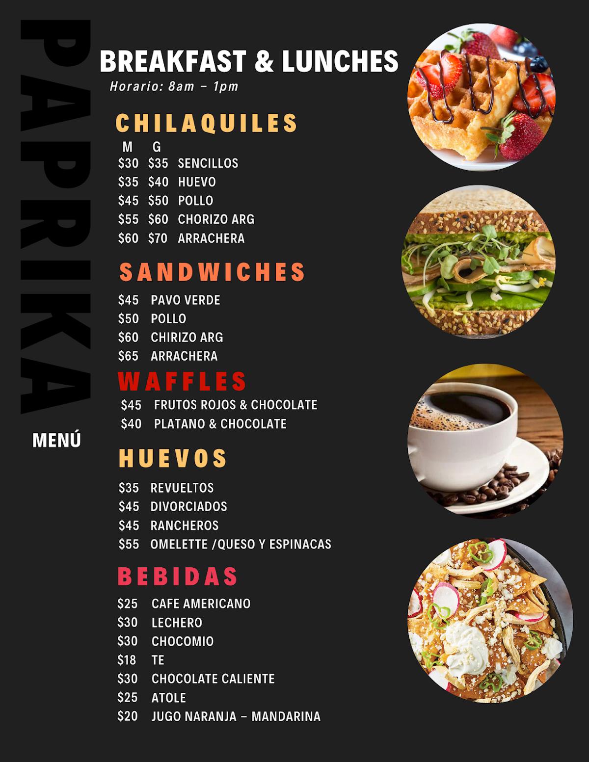 Menu at Paprika, Texcoco