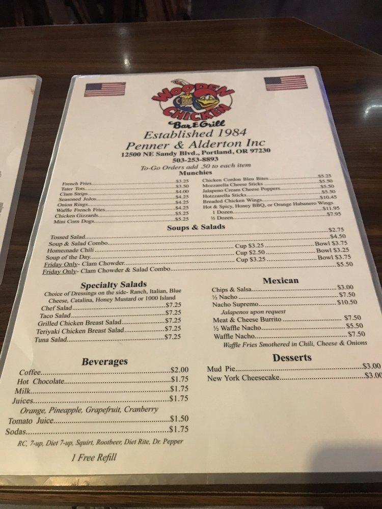 Menu at Wooden Chicken Pub, Portland