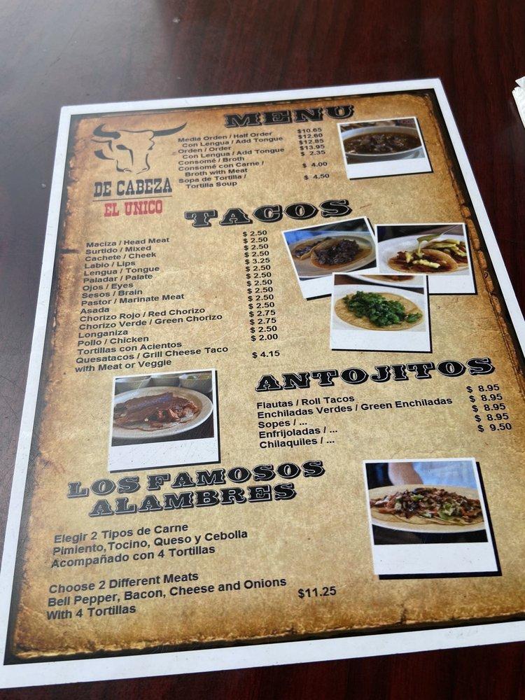 Menu at De Cabeza /El Único restaurant, Chula Vista