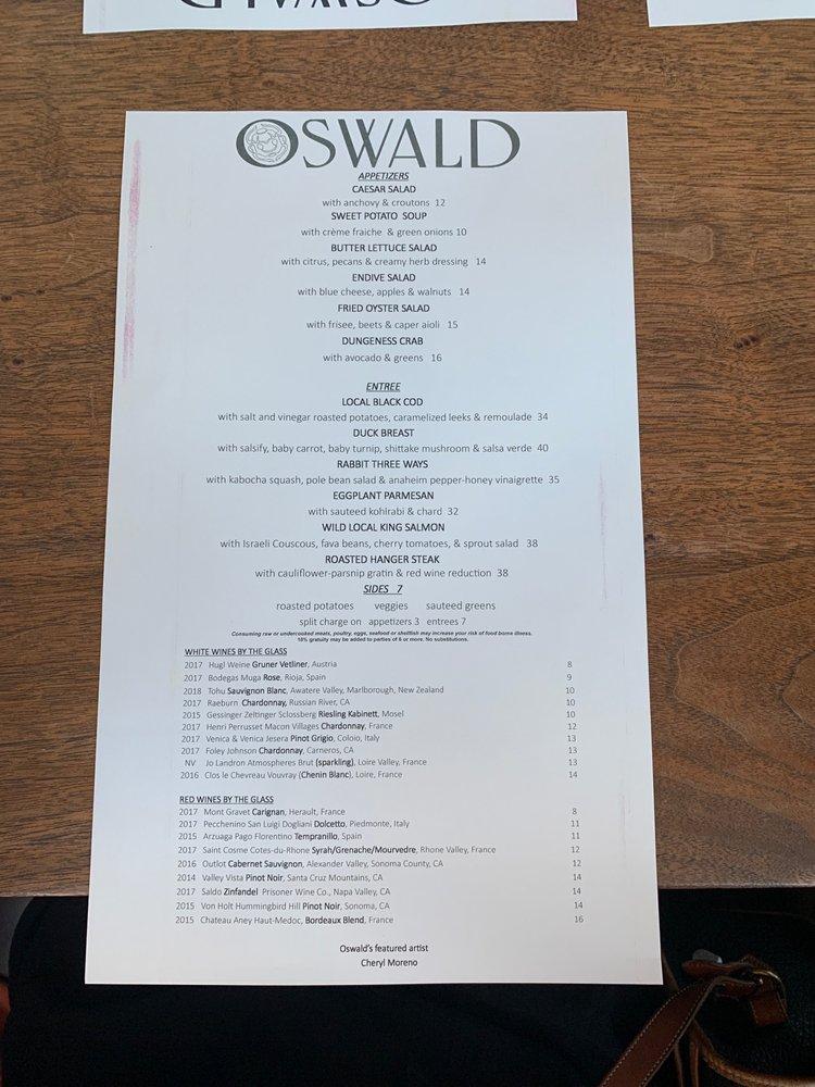 Menu at Oswald Restaurant Santa Cruz