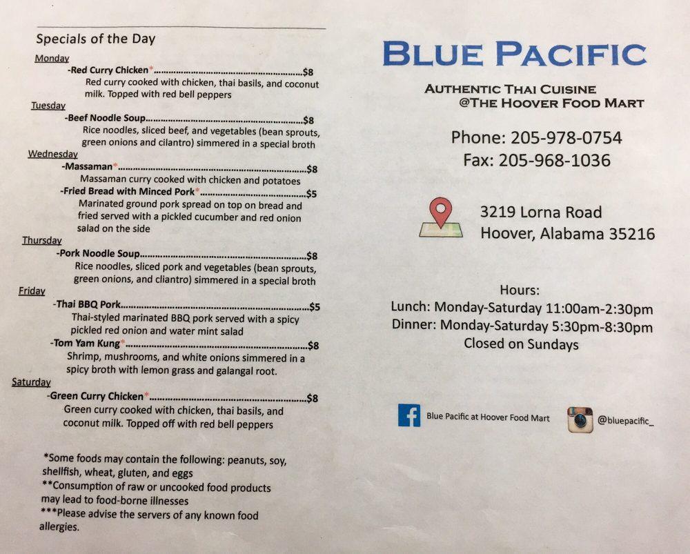 Menu at Blue Pacific at Hoover Food Mart restaurant, Birmingham