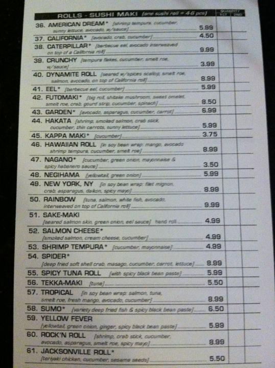 Menu at Hakata Teppanyaki, Sushi, and Ramen restaurant, Jacksonville