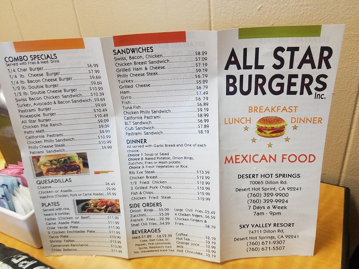 Menu At All Star Burgers Restaurant Desert Hot Springs Dillon Rd