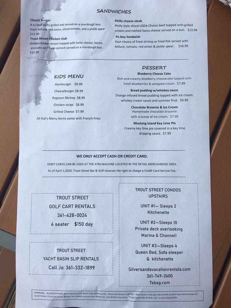 Menu at Trout Street Bar & Grill, Port Aransas
