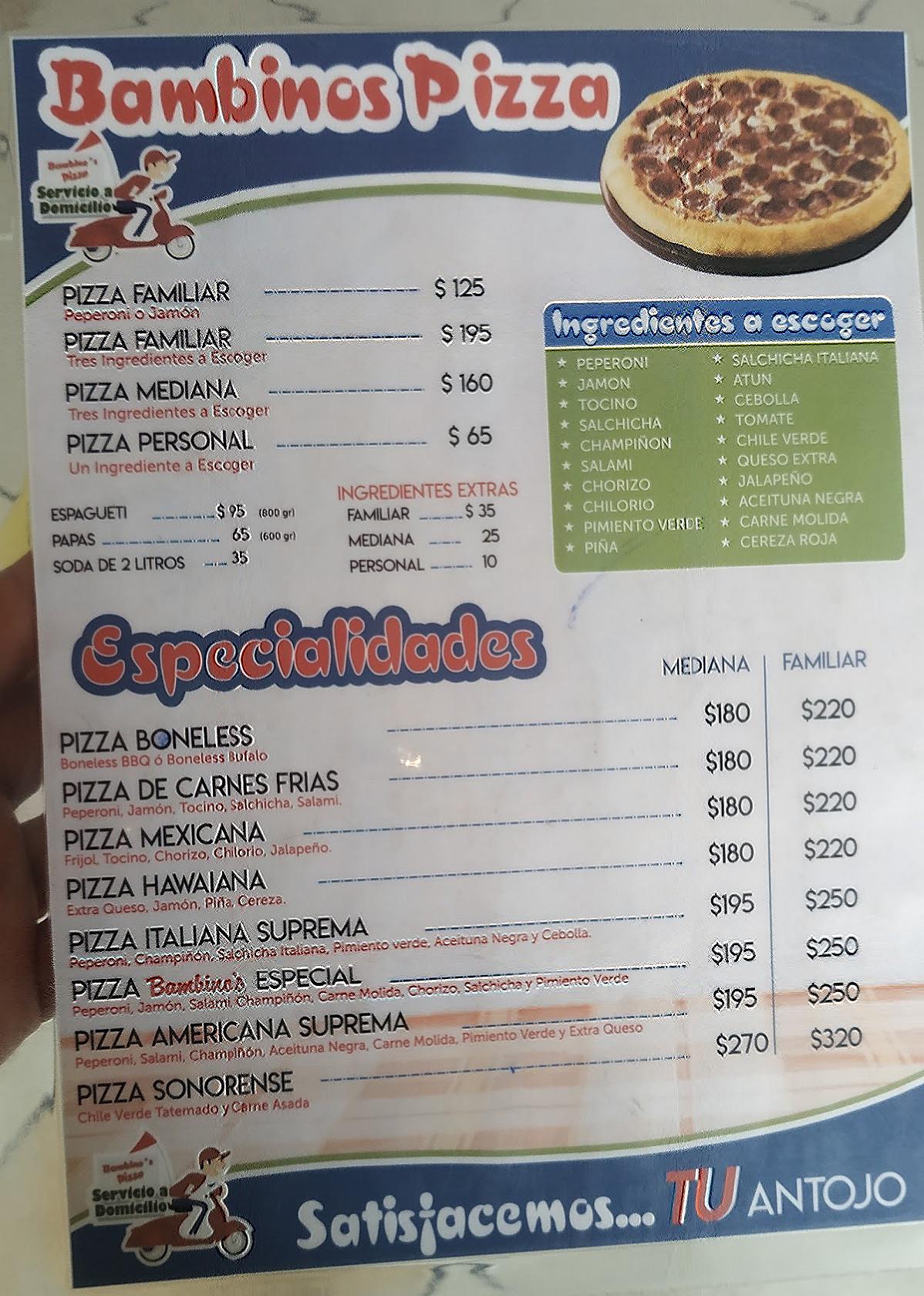 Menu at Bambino’s Pizza sucursal Palenque restaurant, Nogales, Av. de