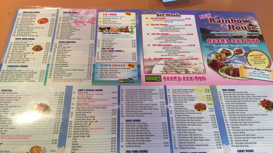 Menu at Rainbow House fast food, Swadlincote