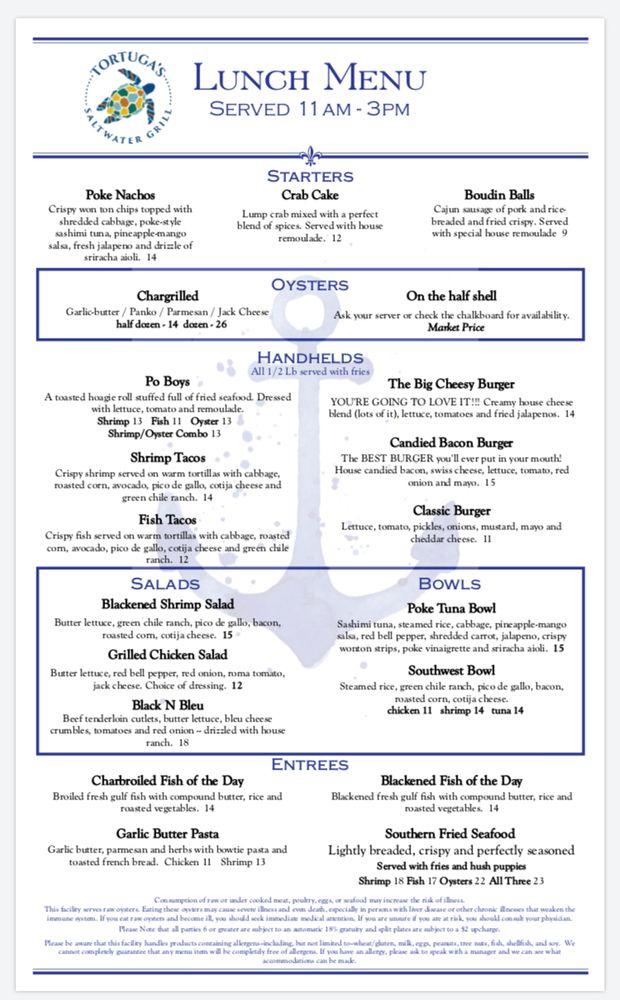 Menu at Tortuga's Saltwater Grill steakhouse, Port Aransas