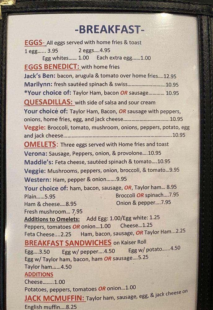 Menu at Jack's Cafe, Verona
