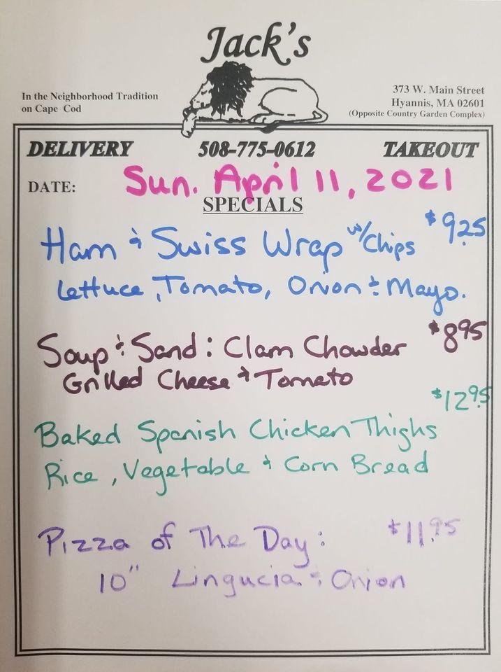 Menu at Jack's Lounge pizzeria, Yarmouth