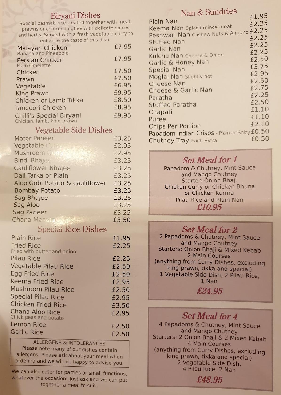 Menu at Chilli's restaurant, Welshpool