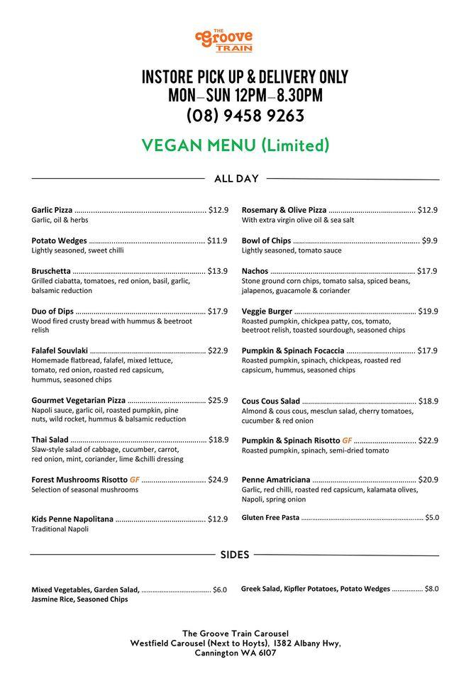 Menu at The Groove Train restaurant, Cannington