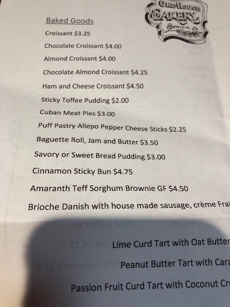 Menu at One House Bakery, Benicia
