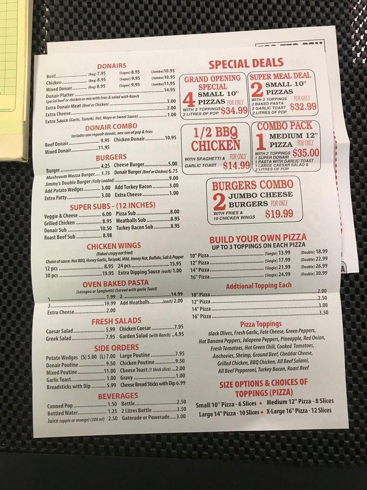 Menu at Jimmy's Place pizza & Donair pizzeria, Edmonton