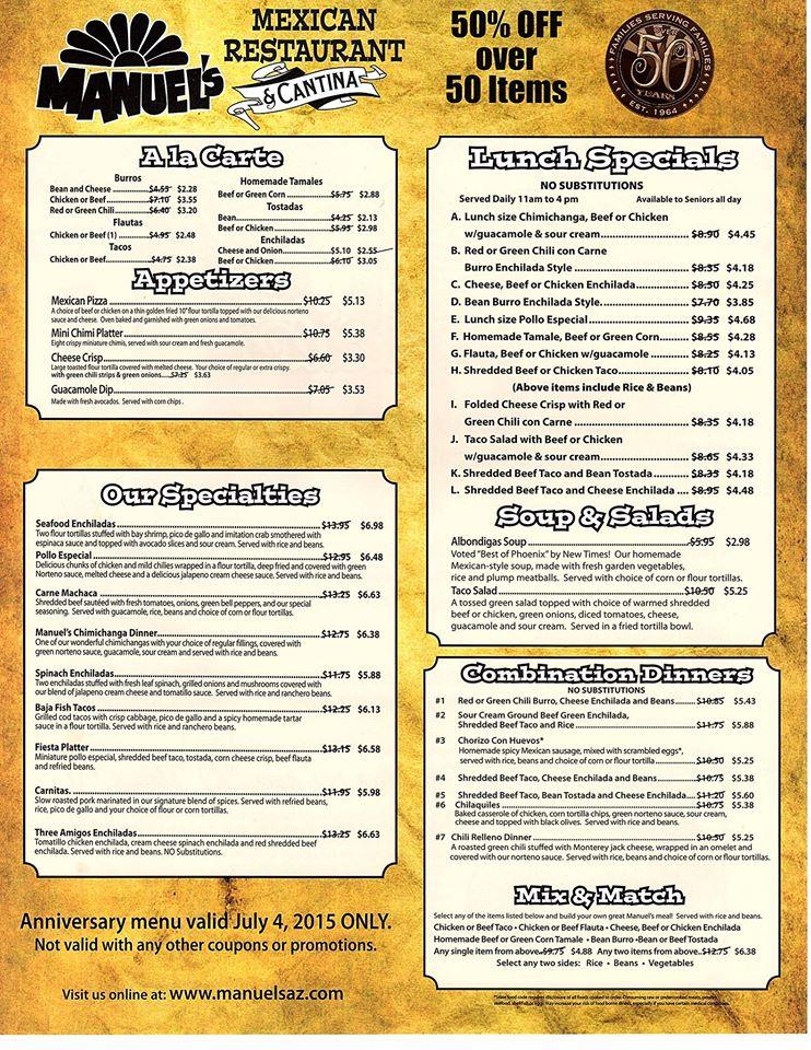 Menu at Manuel's Mexican Restaurant & Cantina Glendale, Glendale