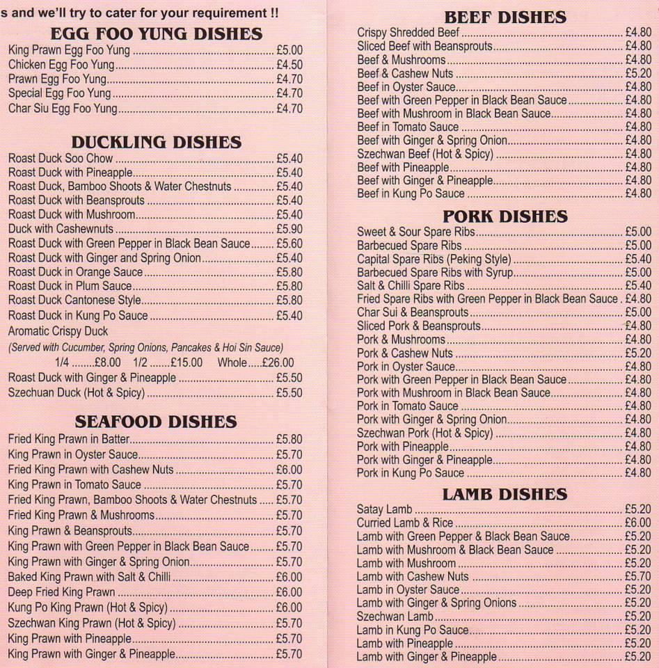 Menu at Ming Kee Chinese Take Away restaurant, Warwick