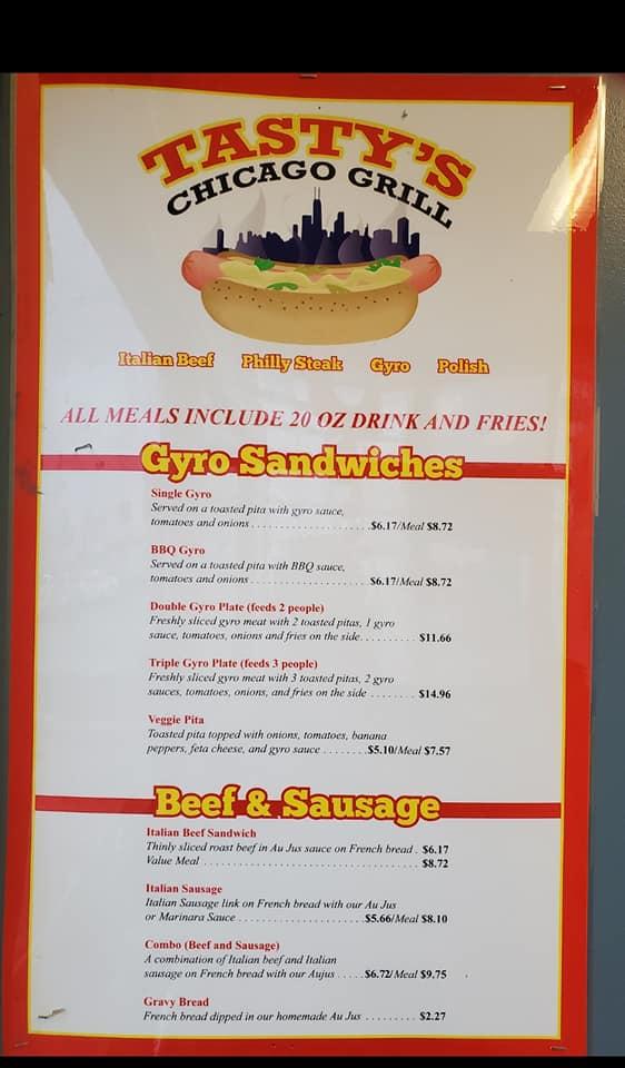 Menu at Tasty’s Chicago Grill restaurant, Decatur, E Pershing Rd
