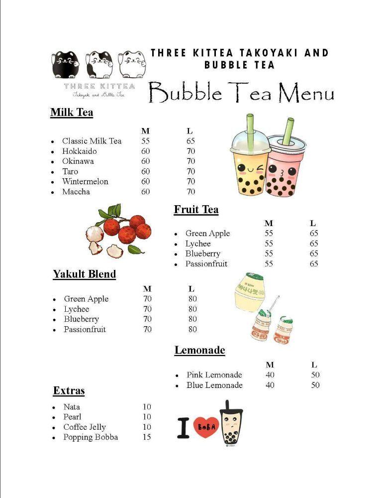 Menu at Three Kittea Takoyaki and Bubble Tea restaurant, Biñan