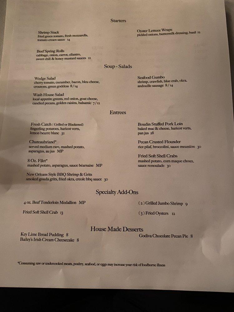 Menu at Wash House Restaurant, Point Clear
