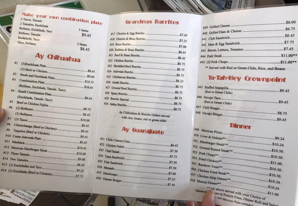 Menu at Grandma's Restaurant, Crownpoint, Navajo Nation Shopping Center