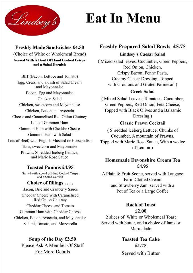 Menu at Lindseys Cake & Dessert Shop cafe, Bideford