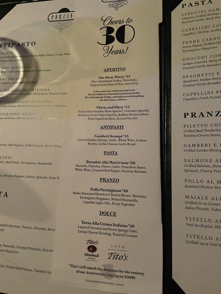 Menu at Porcini Restaurant, Louisville