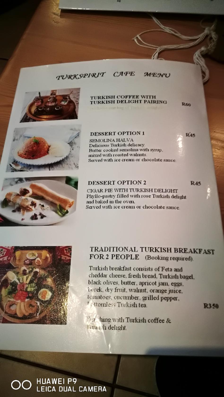 Menu at Turkspirit Cafe, Stellenbosch