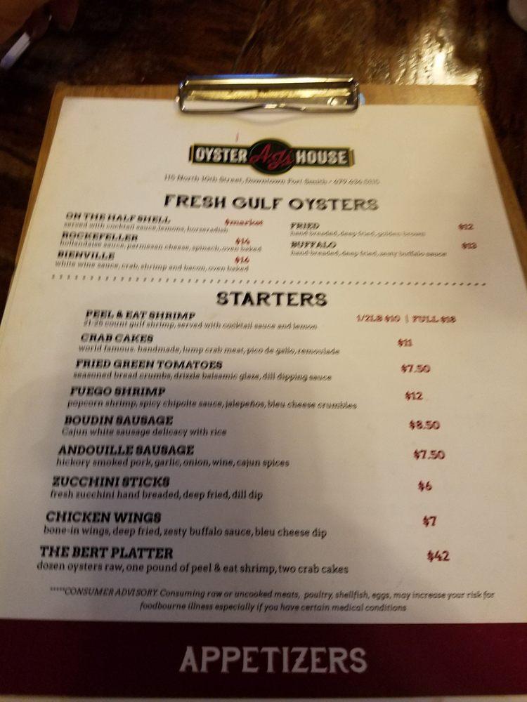 Carta del pub y bar AJ's Oyster House, Fort Smith