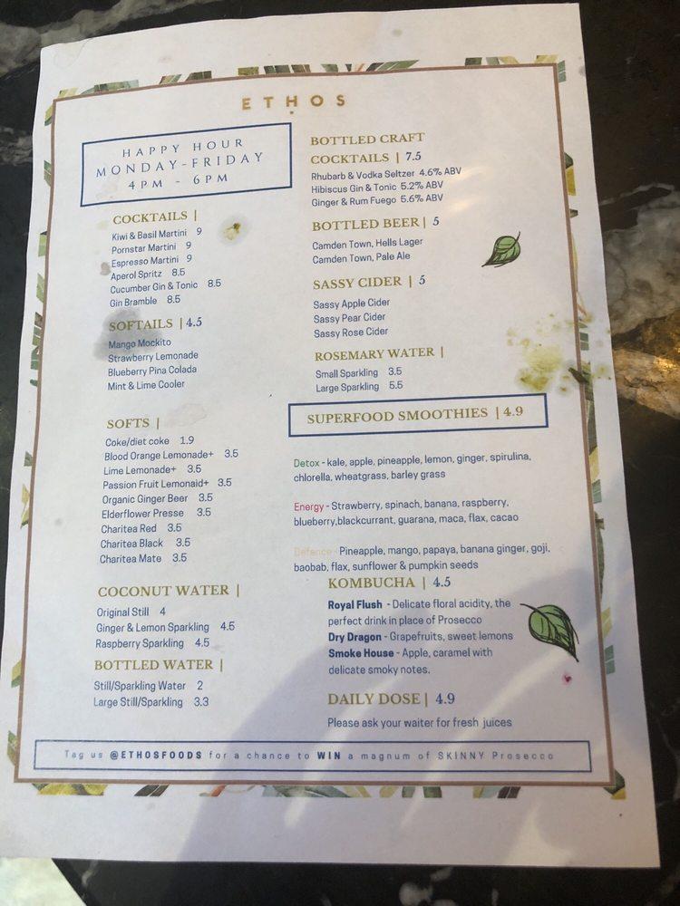 Menu at Ethos restaurant, London