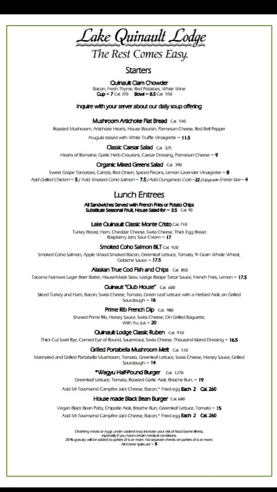 Menu at Roosevelt Dining Room restaurant, Quinault