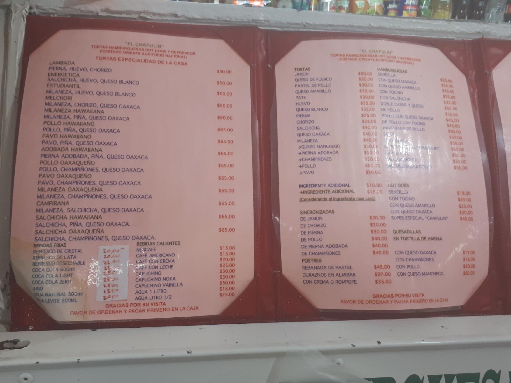 Carta del restaurante El Chapulín, Ciudad del México, Campos Elíseos 218